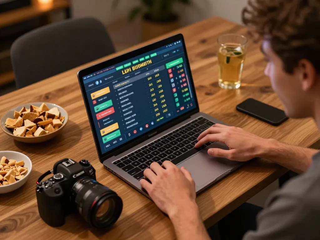 tv88 user engaging with live sports betting on a laptop, showcasing real-time odds and snacks around