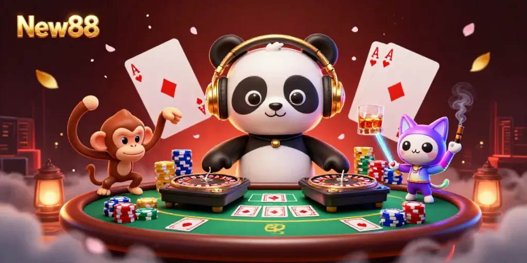 New88 showcases a vibrant casino scene with a DJ panda, breakdancing monkey, and glow-stick kitten amid poker tables and chips.