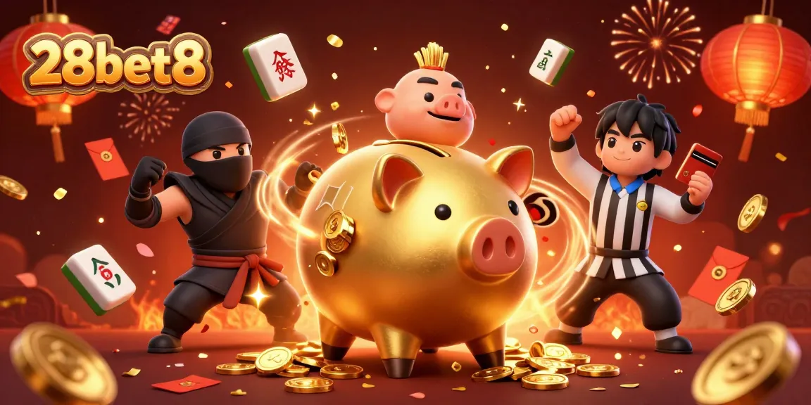 Engage in thrilling gameplay at 28bet8 with a golden piggy bank sumo wrestler surrounded by festive symbols.