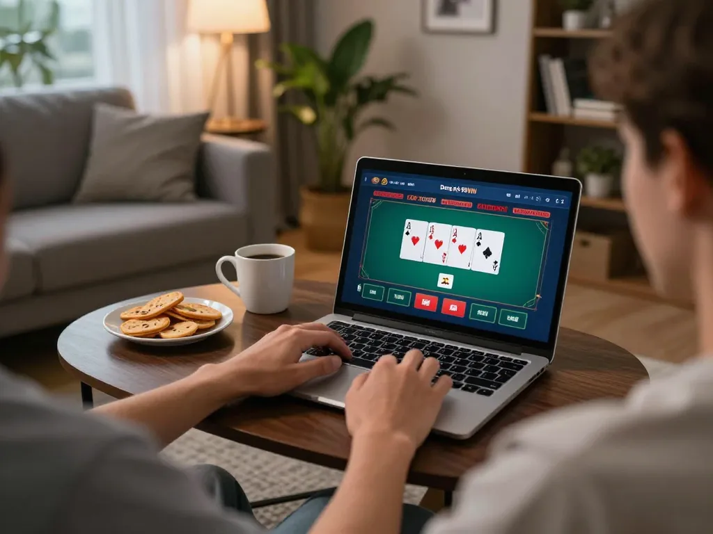 Engage in Đăng Ký 98WIN while exploring an online casino game in a cozy home setup