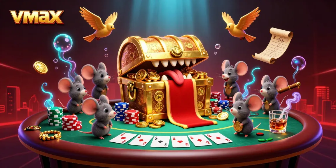 Experience the thrill of vmax casino gaming with this vibrant 3D treasure chest scene, showcasing poker elements.