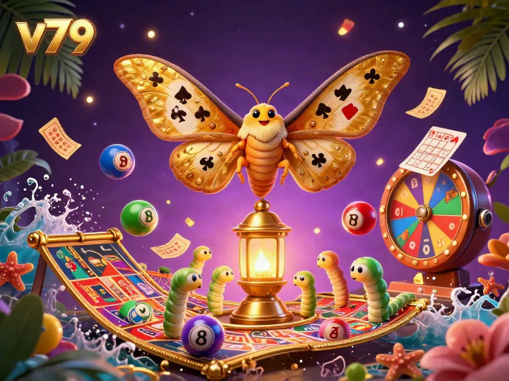 Win big at v79 with vibrant lottery balls, a golden bingo card, and a majestic atlas moth illustration.