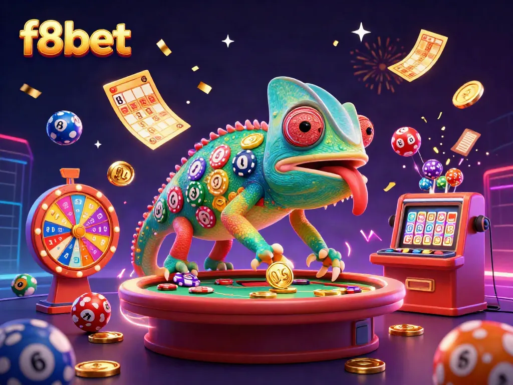 Experience the vibrant world of F8BET with a dynamic 3D chameleon casino owner amidst lively gaming elements.
