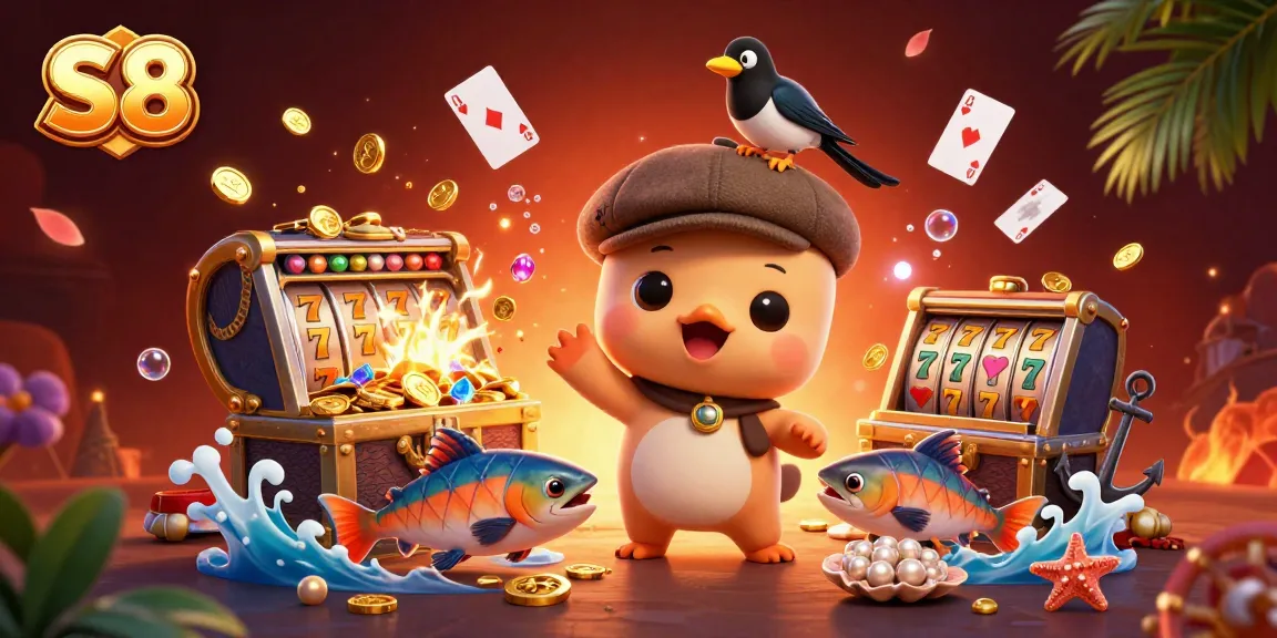 S8 casino scene featuring a playful Nessie and gold-obsessed magpie surrounded by vibrant slot game elements.