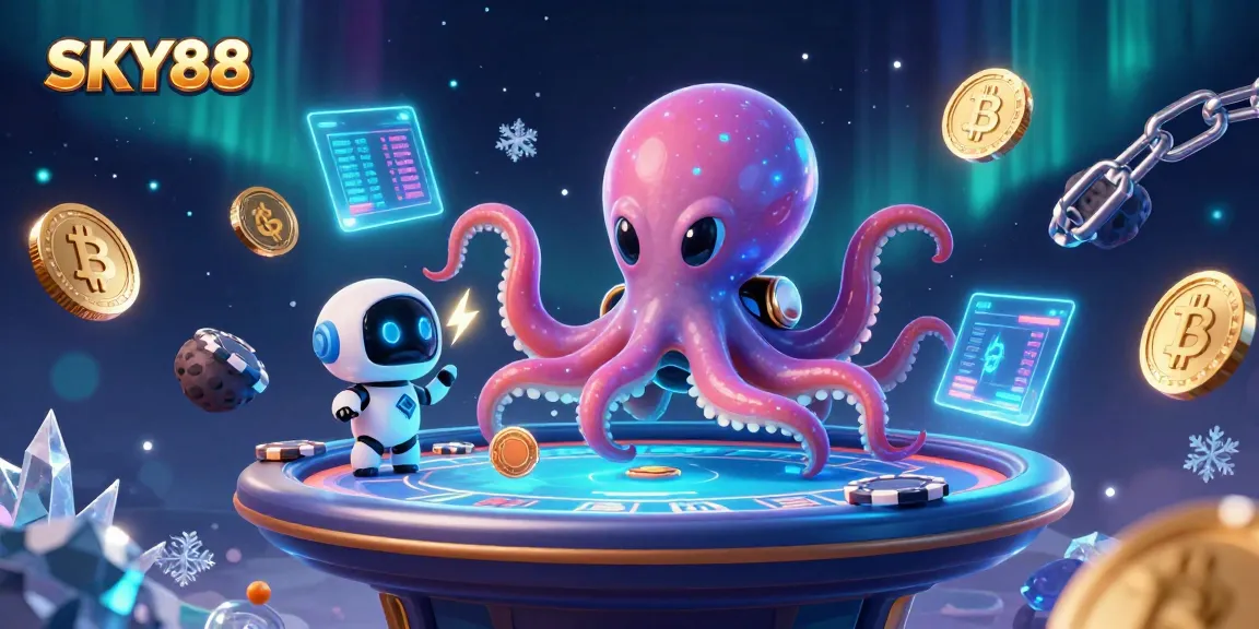 Engage in thrilling casino action with SKY88 while featuring an alien octopus at a holographic poker table.