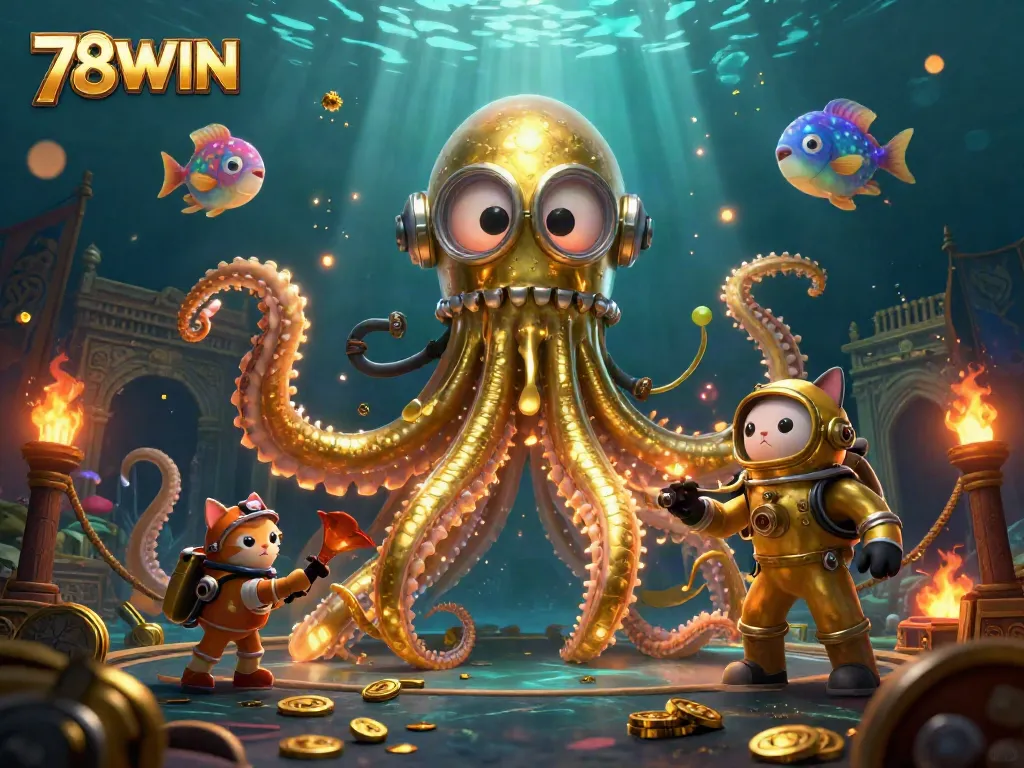 Experience thrilling action with 78WIN, featuring a kraken and diving cat in a vibrant casino adventure.