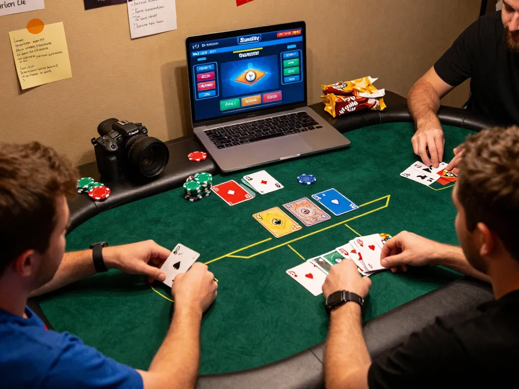 Suncity online poker platform with players engaged strategy on digital table and colorful poker chips.