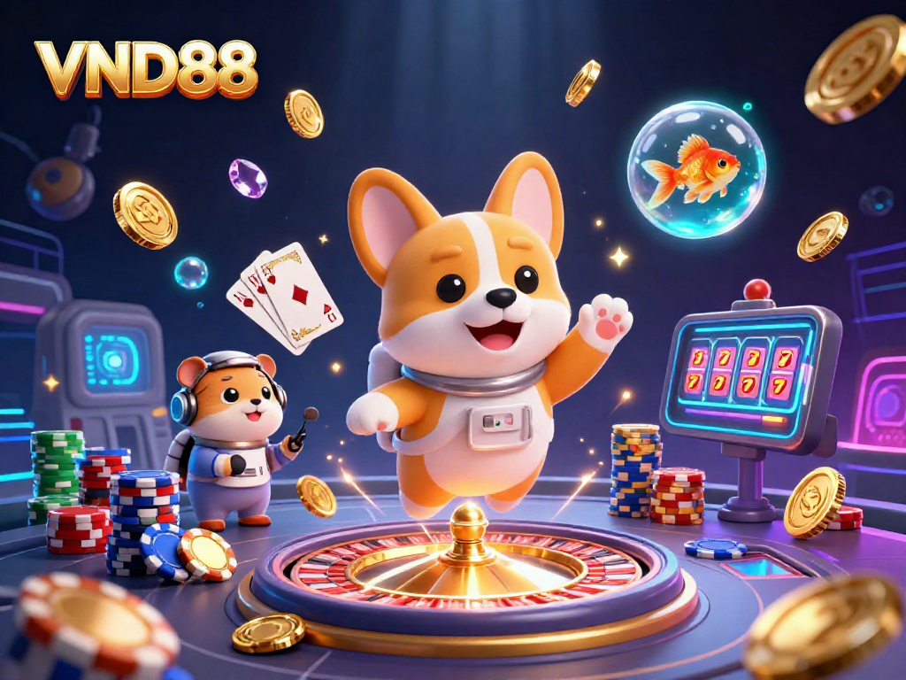 Experience thrilling gaming at VND88 with playful characters in a dazzling casino atmosphere.