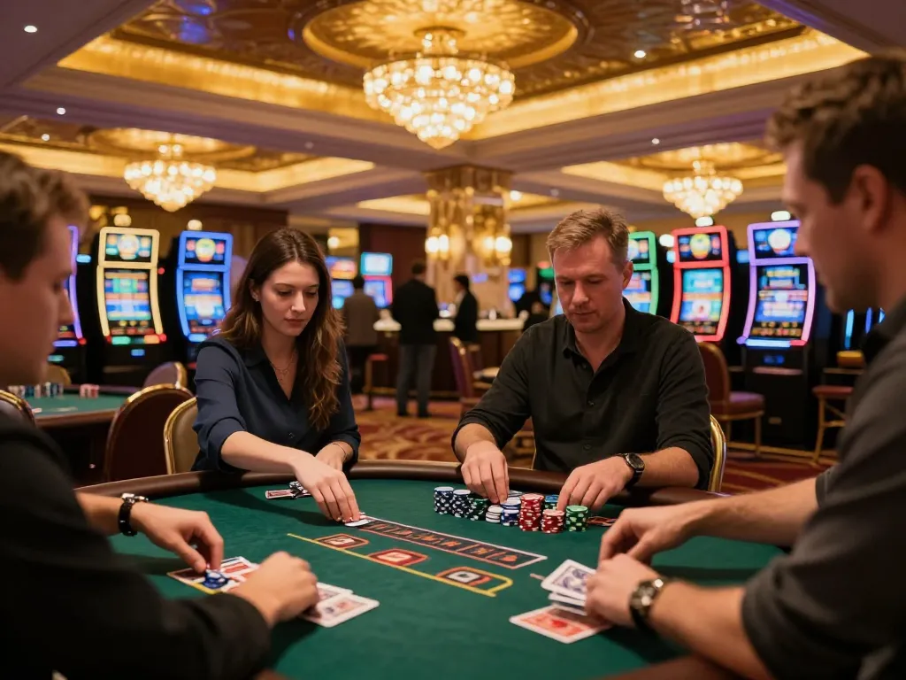 Players strategizing around poker tables at DA88 casino, showcasing vibrant gaming atmosphere