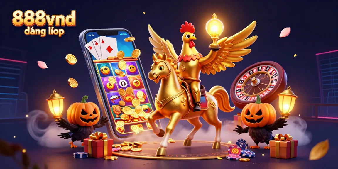 Experience the thrill of 888vnd đăng nhập in a vibrant casino scene with colorful slot games and lively characters.