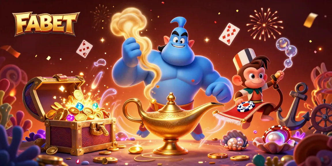 Experience FABET's thrilling casino adventure with a vibrant genie, monkey, and poker chips!