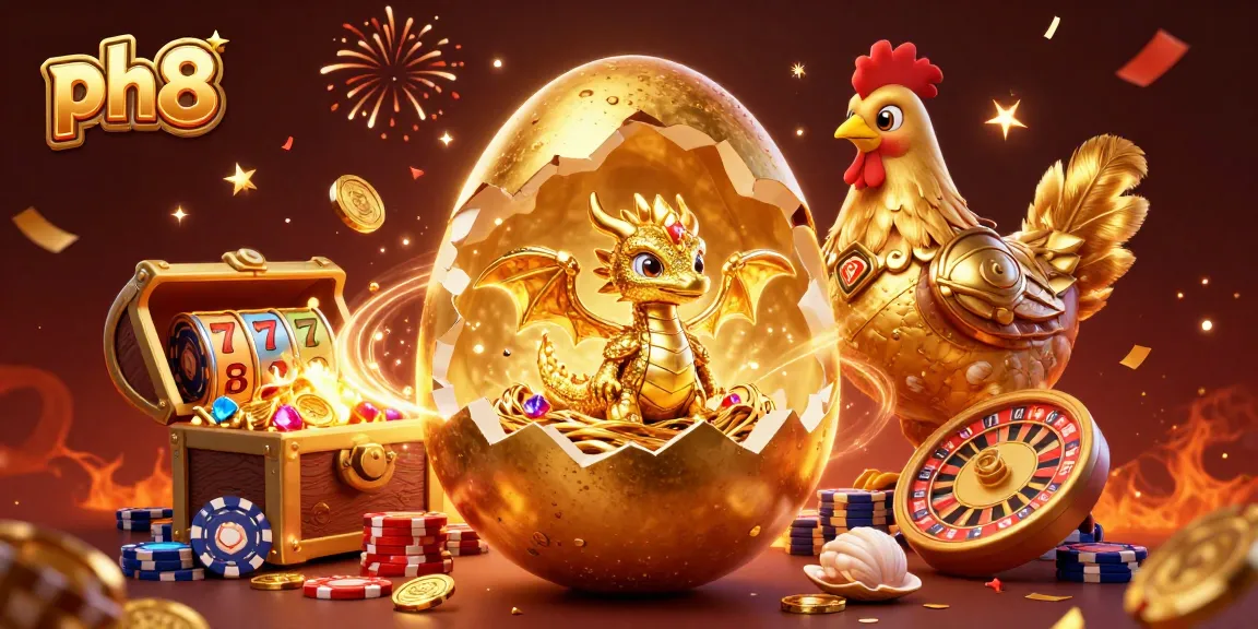 Experience thrilling gaming adventures with ph8 as a golden dragon emerges from a nest of chips in this vibrant casino scene.