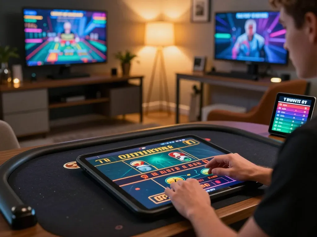 Player engaging in a live dealer game on tablet at home, showcasing responsible gambling with tr88s app tracker.