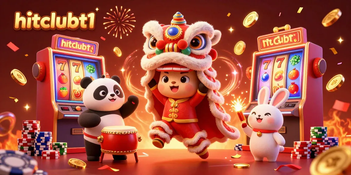 Engage in thrilling gameplay at hitclubt1 with lively characters celebrating around vivid slot machines and poker elements.
