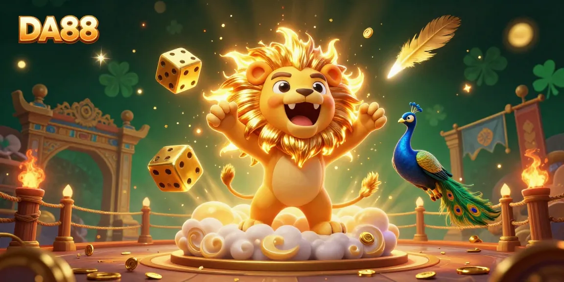 Experience thrilling gaming at DA88 with golden lions, dice, and dazzling casino elements.