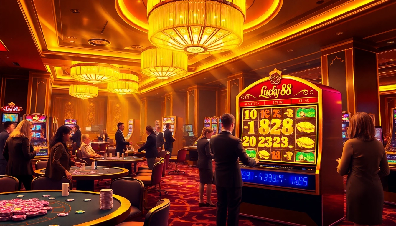 Players engaging with the Lucky 88 slot machine in a vibrant casino atmosphere, highlighting excitement and luxury.