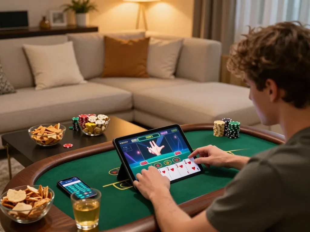Player engaging in online casino games with link xo88 visible on the tablet screen in a cozy home setting.