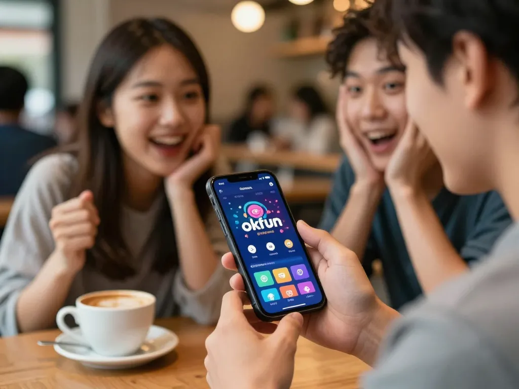 Enjoying okfun games on a smartphone in a cozy café, showcasing social online gaming excitement.