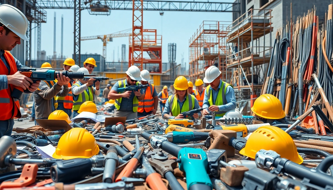 Cantiere attivo con vari utensili edilizia in uso, che mostrano strumenti e lavoro di squadra.