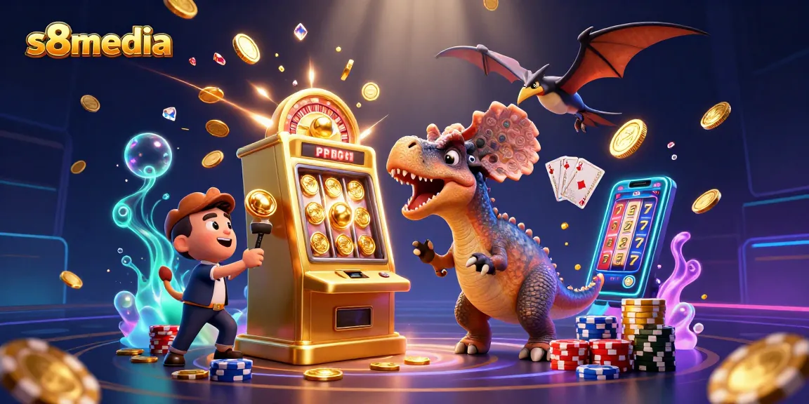 Experience jackpots with S8media as dinosaurs delight in a vibrant casino showdown.