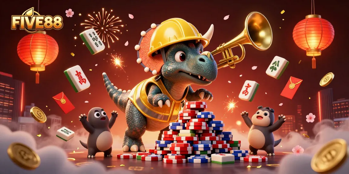 Celebrate winning with FIVE88 as a triceratops builds poker chip pyramid amid festive casino elements.