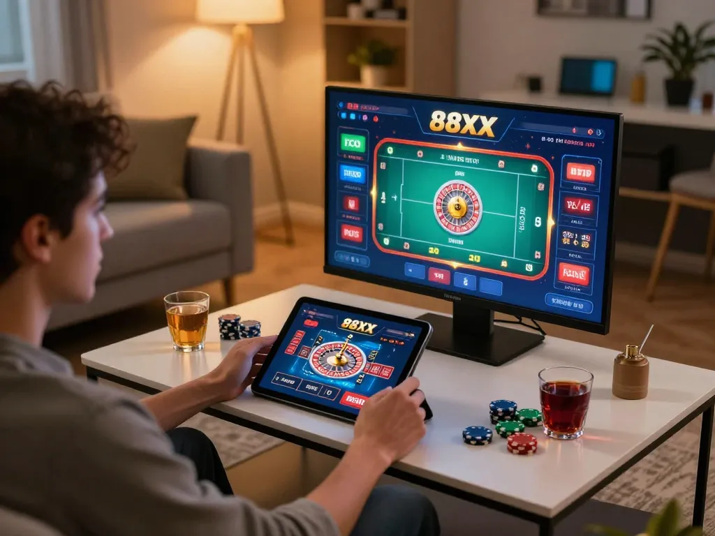 Player enjoying a strategic game on the 88xx casino app in a cozy home setup, highlighting engaging gameplay.