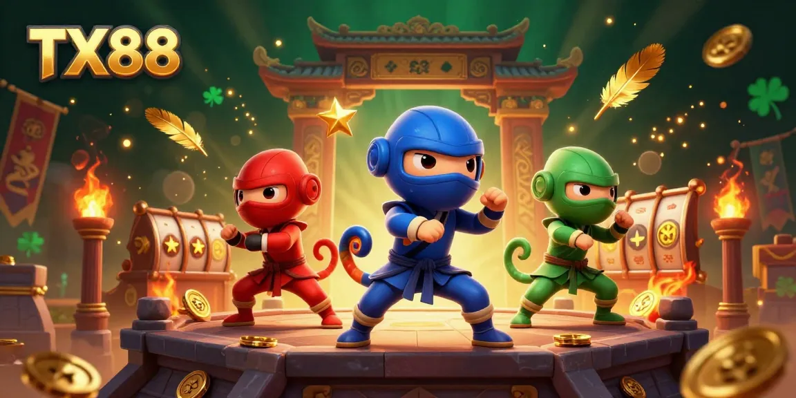Engage in thrilling gaming at TX88 with a colorful ninja chameleon team showcasing martial arts amidst dynamic casino elements.