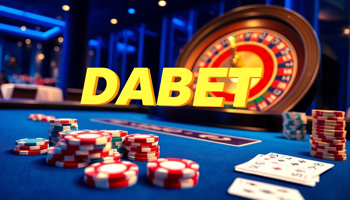 DABET casino gaming with vibrant poker chips and roulette wheel engaged in exciting gameplay.