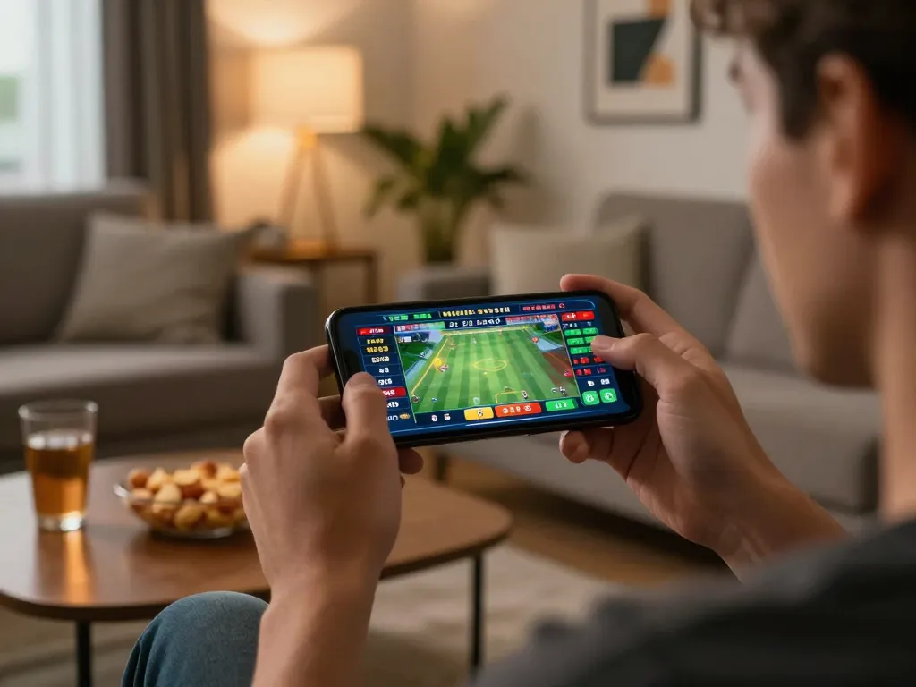 Placing wagers on sports events using 789betss mobile app in cozy setting.
