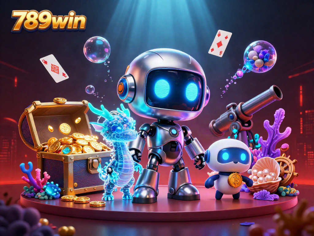 Engage in thrilling gameplay at 789win with a vibrant 3D casino scene featuring cyberpunk elements.