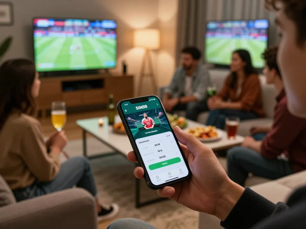 SIN88 betting app interface displayed on smartphone during exciting sports viewing party.