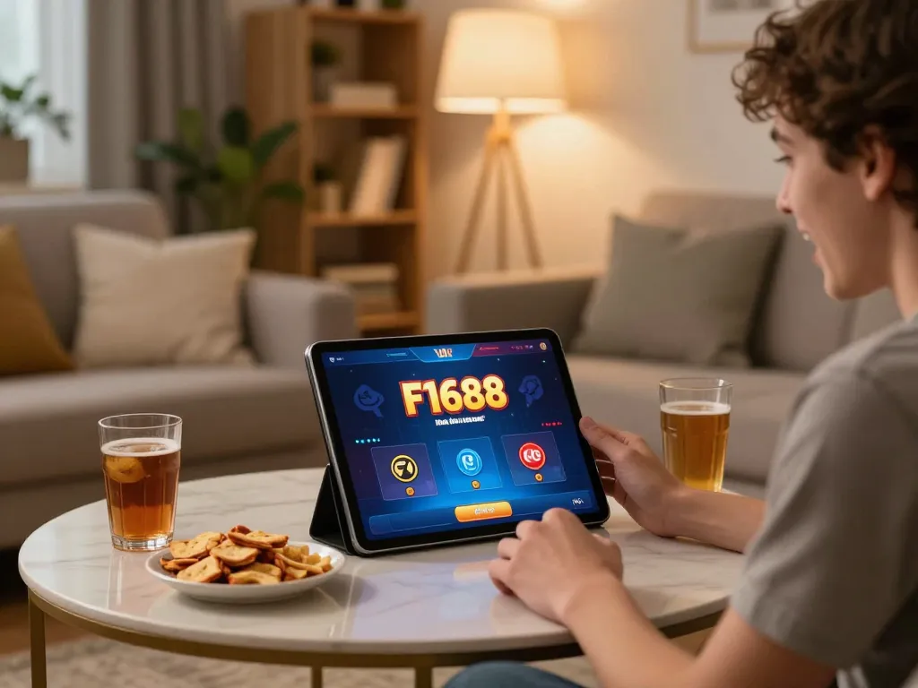 Engaging gameplay on the F1688 app from a cozy home setup, showcasing a focused user.
