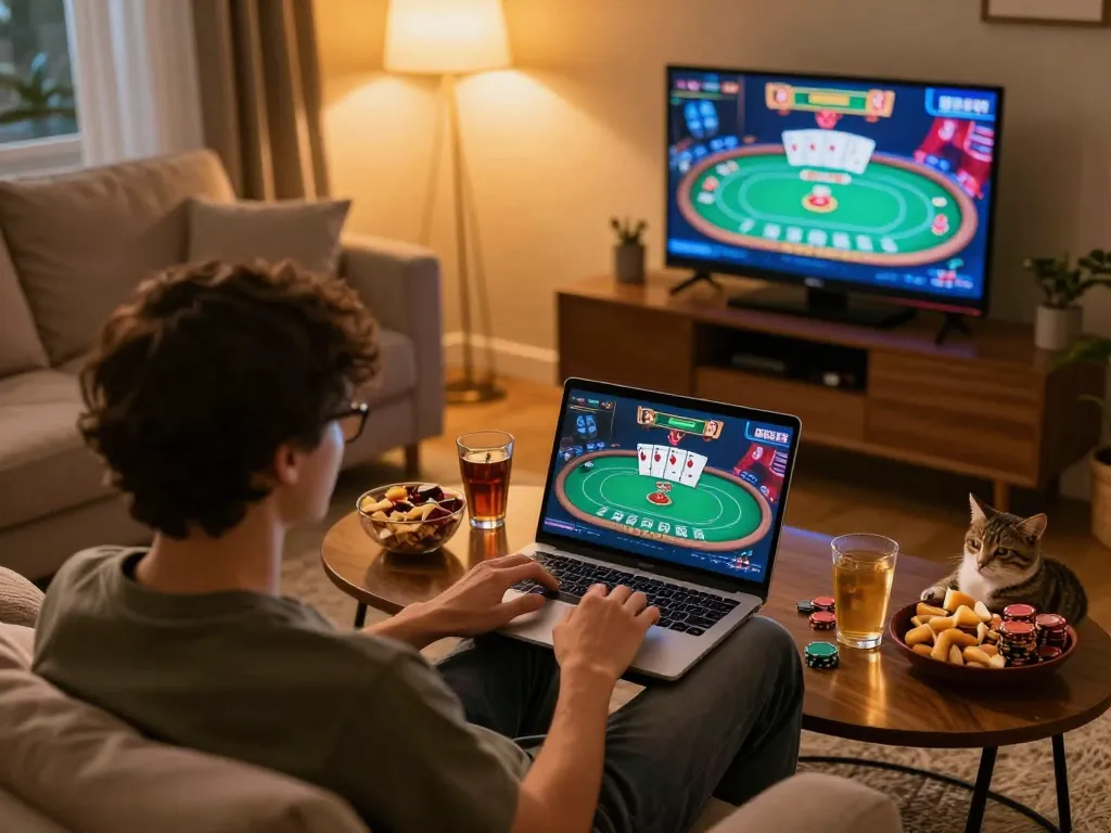 FABET player engaging in an online poker game on a laptop in a cozy home setup.