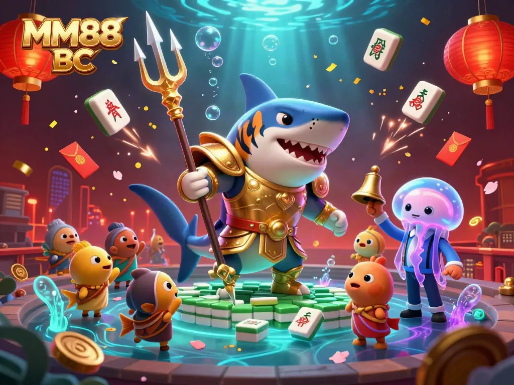Engage with the thrilling underwater colosseum experience of MM88 BC featuring a golden gladiator shark, vibrant game elements, and dynamic celebration.