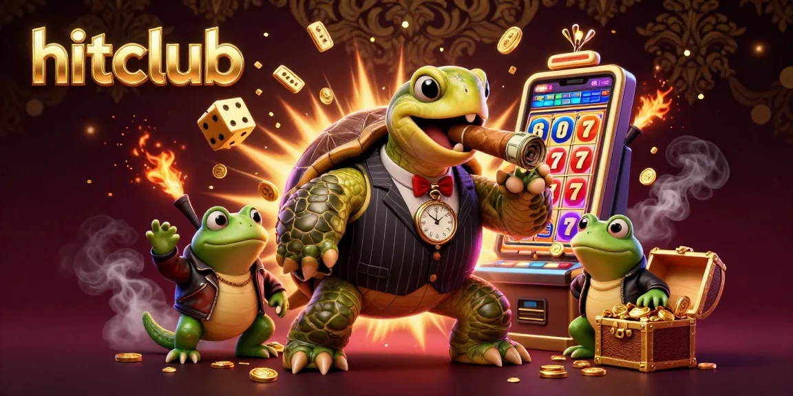 Engage with hitclub's thrilling casino experience featuring a vibrant scene with cartoon characters and slot machines.