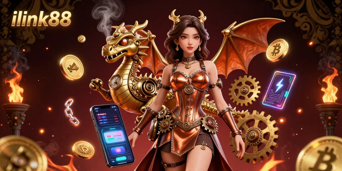 Engage in thrilling gaming adventures with ilink88 featuring a steampunk woman and a clockwork dragon.