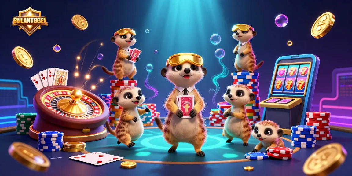 BULANTOGEL celebrates a 3D meerkat casino scene with vibrant chips, cards, and gold.