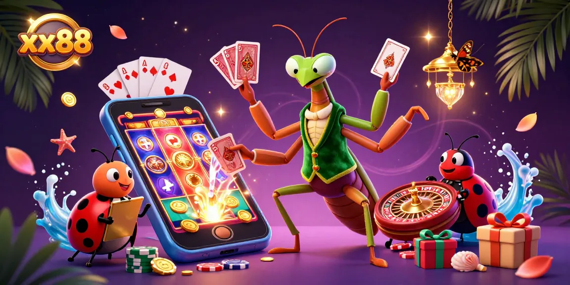 Experience thrilling gameplay at xx88 with a lively scene of a mantis dealer and cheerful pit boss.