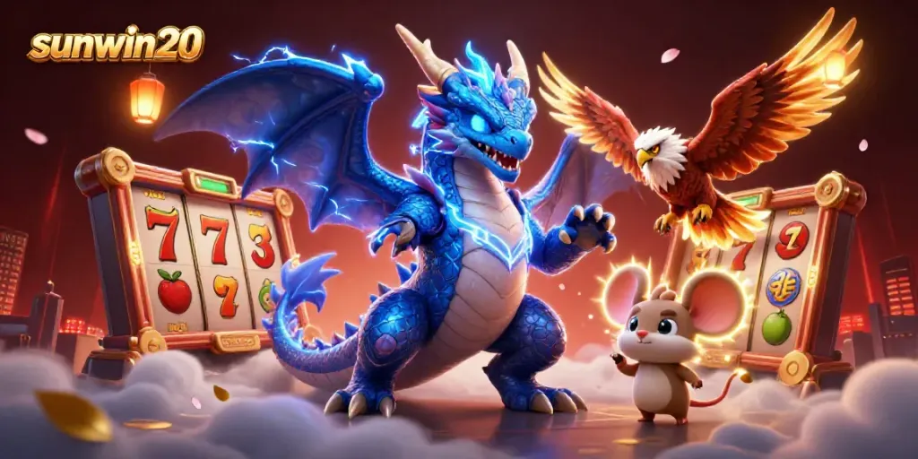 Experience the excitement of sunwin20 with vibrant slot reels and dynamic characters in a thrilling casino scene.
