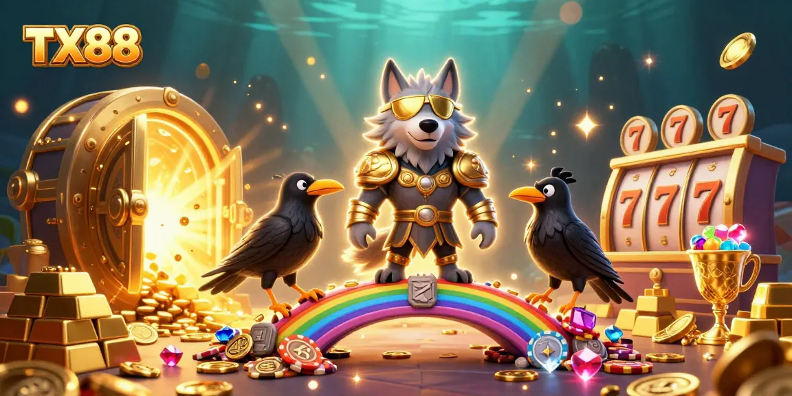 Spin the TX88 slots with Odin and ravens on a vibrant casino chip bridge.