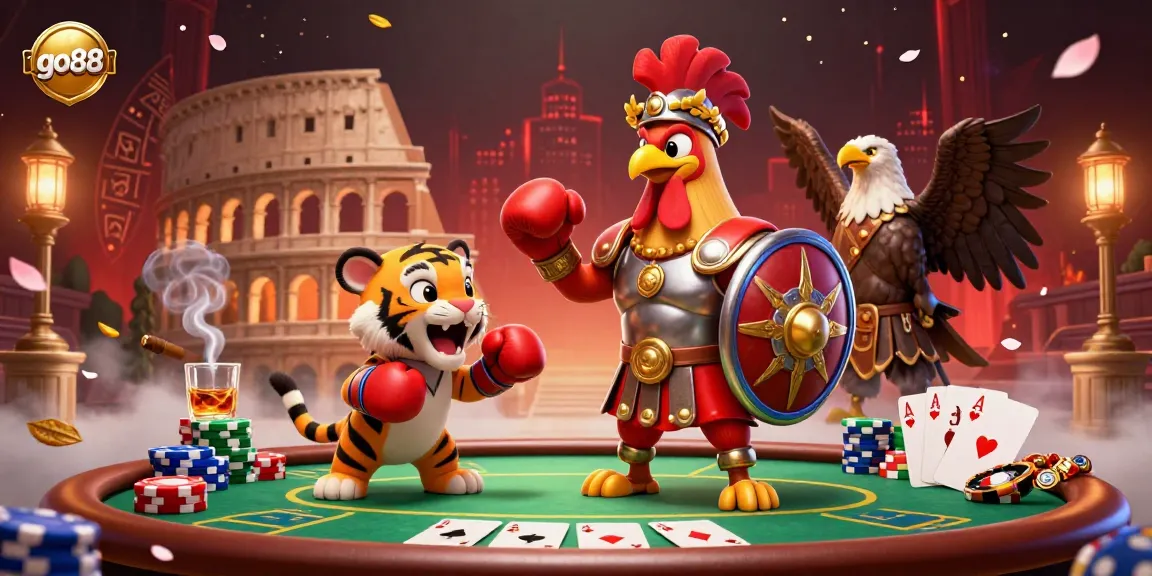 Experience thrilling moments at go88 with the gladiator rooster in a packed casino arena showcasing poker games and vibrant elements.