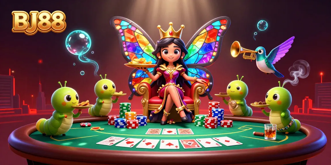 BJ88 Casino's vibrant illustration showcasing a butterfly queen and poker elements for gamblers.