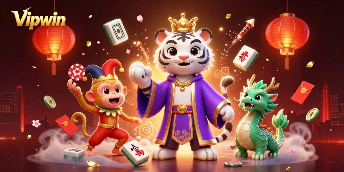 Engage in exciting gameplay at Vipwin, where a regal tiger and playful monkey celebrate with poker chips and symbols of luck.