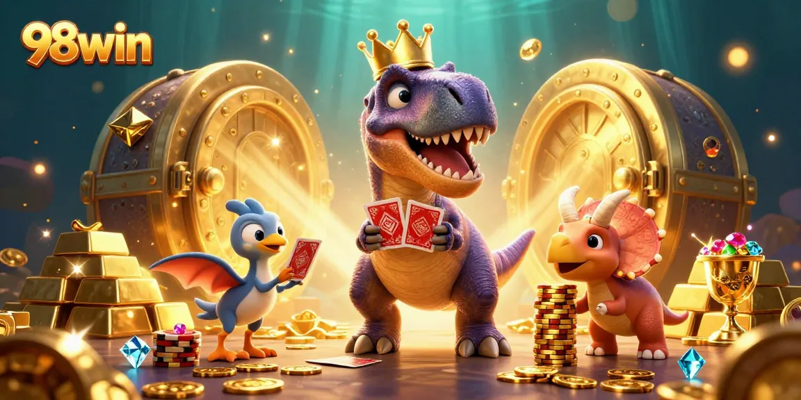 Join the fun at 98win with thrilling gameplay as a T-Rex shuffles cards and a triceratops stacks golden chips.