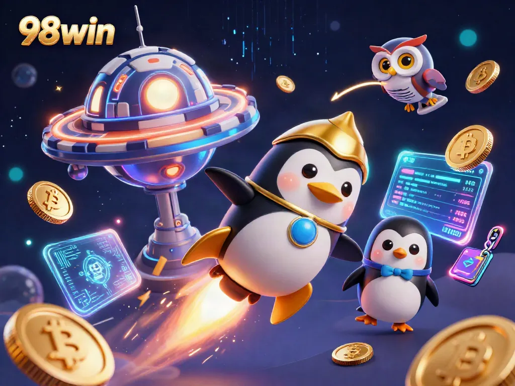 Join the 98win adventure as the golden penguin flies to the casino in space, surrounded by crypto elements.