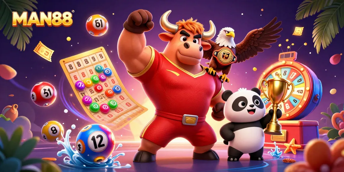 Join the excitement at MAN88 with a vibrant casino scene featuring a winning bull, eagle, and panda.