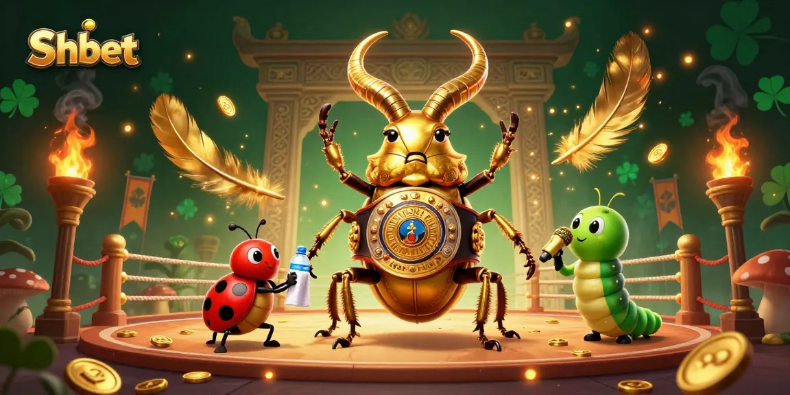 SHBET offers thrilling betting experiences, featuring a golden stag beetle boxing champion and vibrant casino elements.
