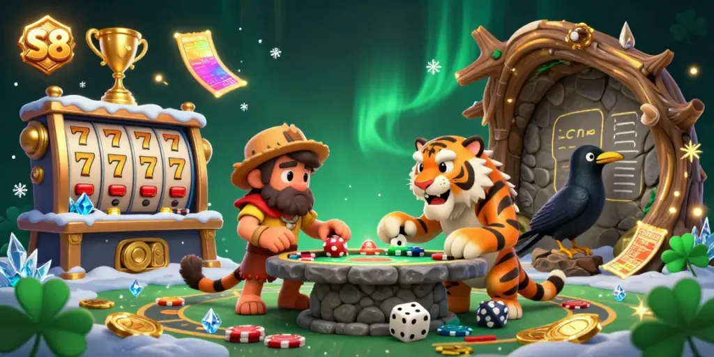 S8 casino features a lively cavern scene with a caveman and sabertooth tiger amid stone poker games and glowing jackpot reels.