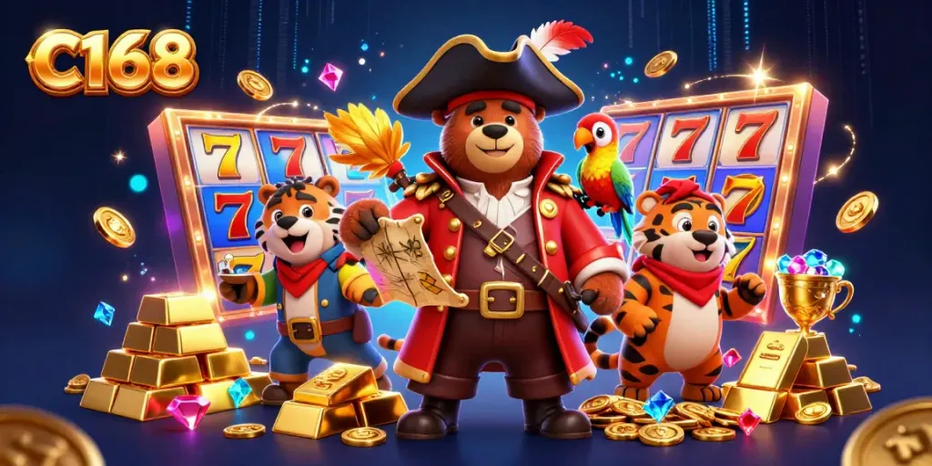 C168 showcases exciting slot gaming with vibrant reels and gold treasures in a bustling casino.