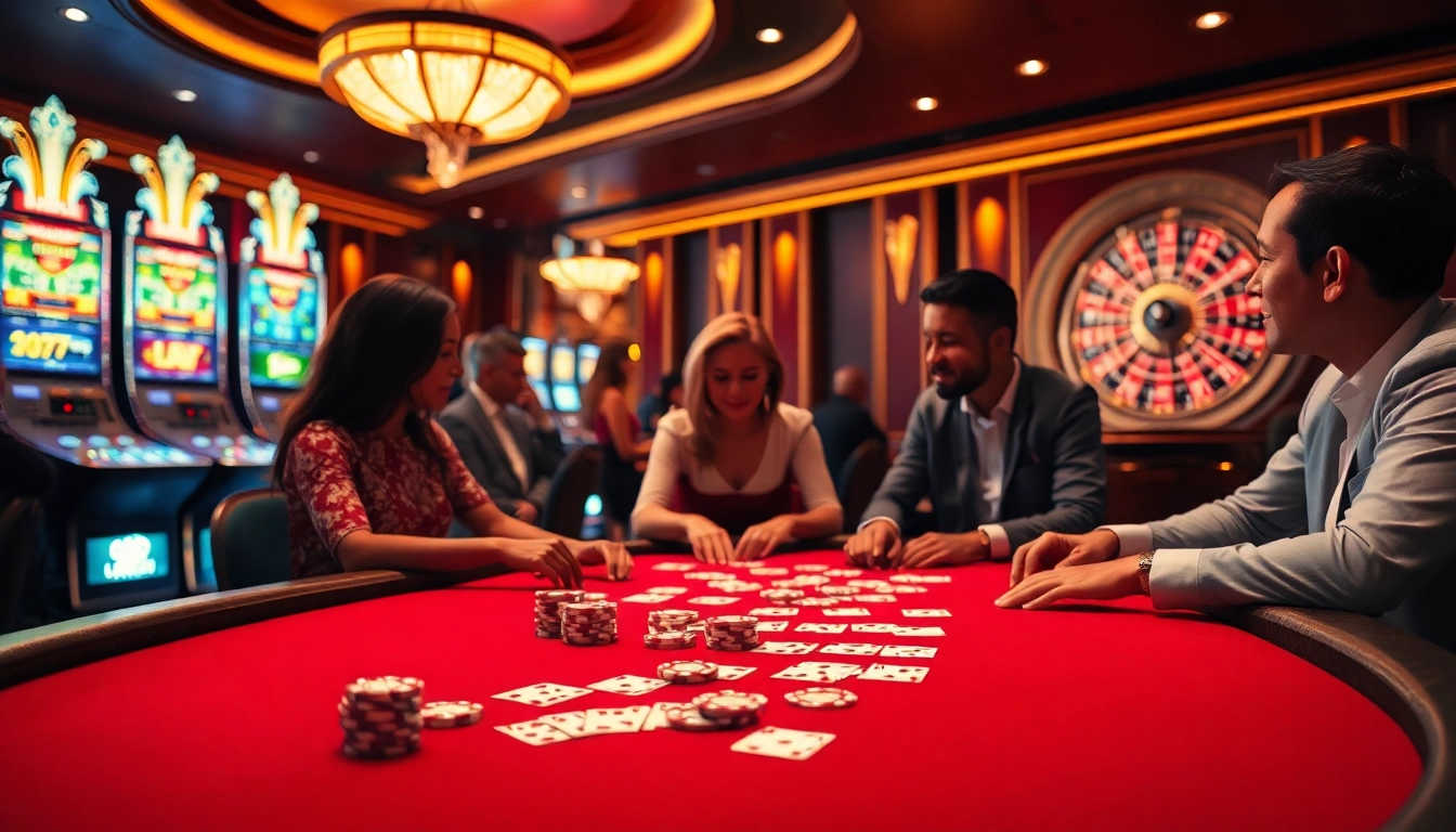 Players engage at a poker table in a luxurious casino featuring debet-themed decor.